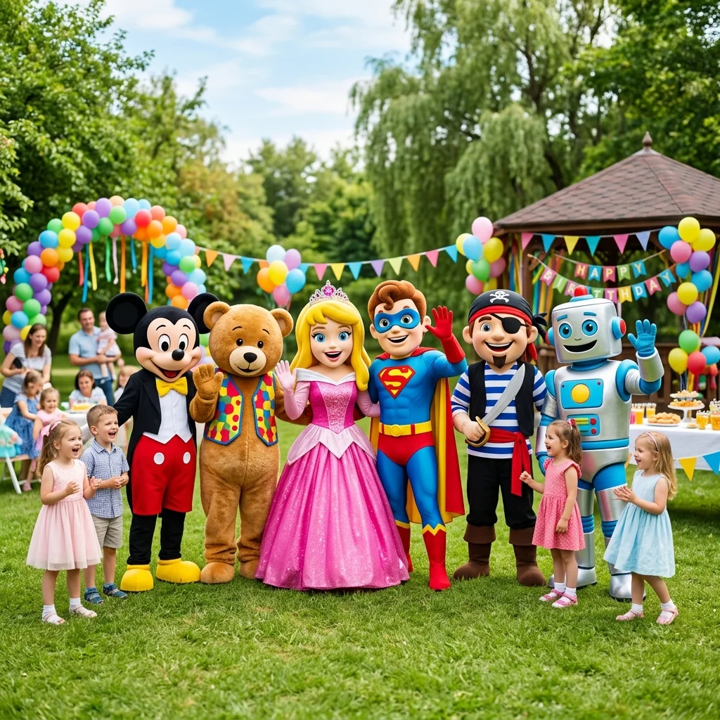 Character mascots at a kids birthday party